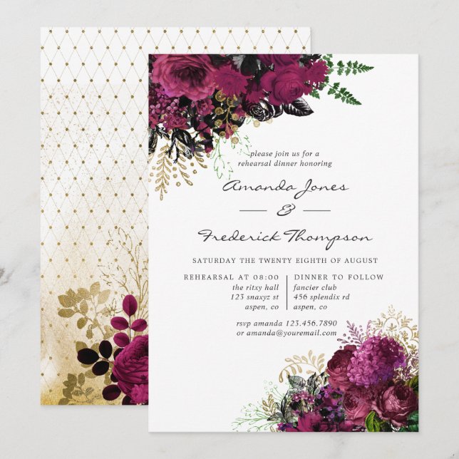 Vintage Burgundy - Marsala & Gold Rehearsal Dinner Invitation (Front/Back)