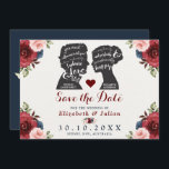 Vintage Burgundy Navy Floral Quotes Save the Date Invitation<br><div class="desc">This lovely wedding save the date card features hand painted watercolor floral in burgundy, navy and blush elegantly combined with vintage silhouettes of Elizabeth Bennet and Mr Darcy, two of the most beloved and iconic characters in English literature, from the romantic novel "Pride and Prejudice" written by Jane Austen. Each...</div>