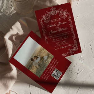 Vintage Burgundy Old Money Photo QR Code Wedding Invitation