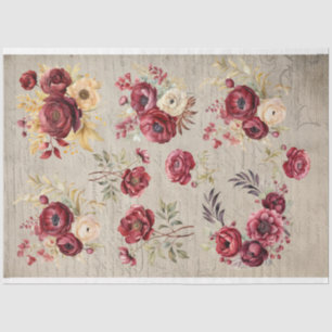 Vintage burgundy Ranunculus flowers old paper