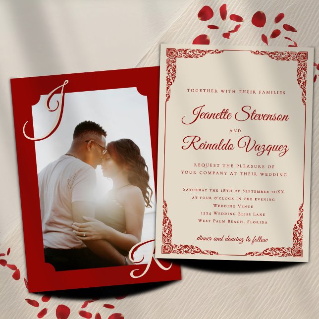 Vintage Burgundy Red Bone White Photo Wedding  Invitation (Creator Uploaded)