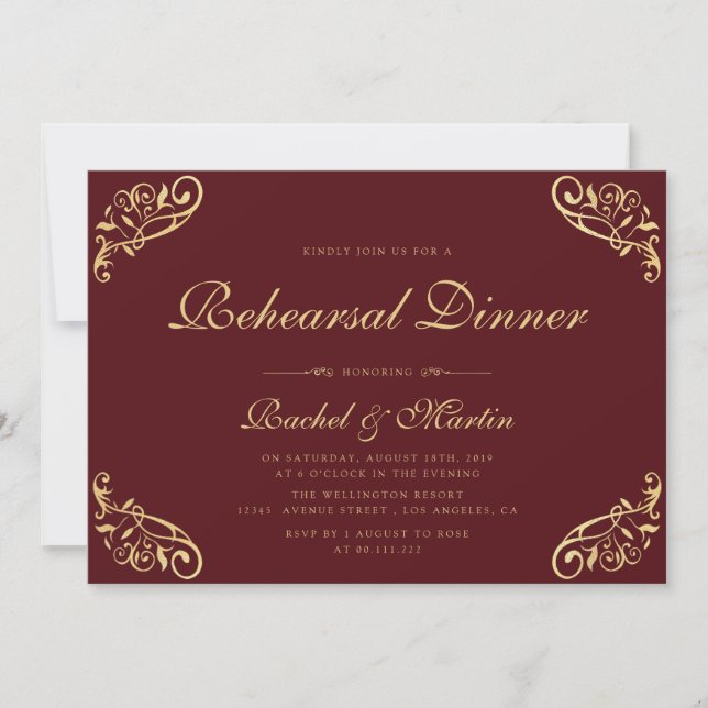vintage burgundy red faux gold rehearsal dinner invitation (Front)