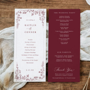 Vintage Burgundy Red Floral French Toile Wedding Programme