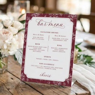 Vintage Burgundy Red Floral Toile Menu Wedding Pedestal Sign