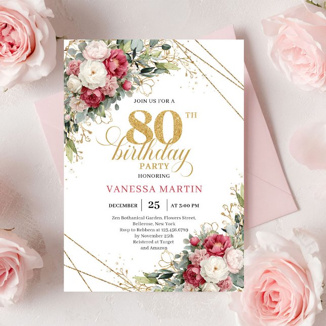 Vintage Burgundy Red Gold 80th Birthday Invite (Vintage Burgundy Red Gold 80th Birthday Invite)