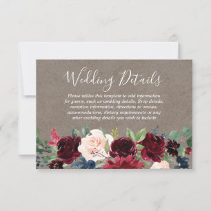 Vintage Burgundy Red Wine Floral Wedding Details RSVP Card