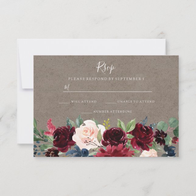 Vintage Burgundy Red Wine Floral Wedding RSVP (Front)