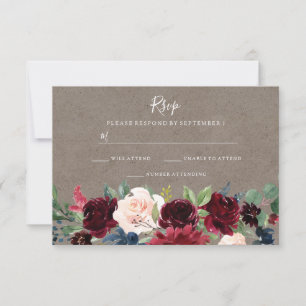 Vintage Burgundy Red Wine Floral Wedding RSVP