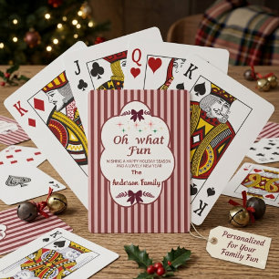 Vintage Burgundy Stripe Holiday oh what fun Playing Cards