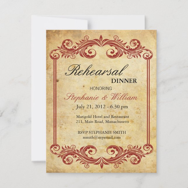 Vintage Burgundy Swirl Rehearsal Dinner Invitation (Front)