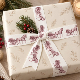 Vintage Burgundy Toile Horse Sleigh Christmas Satin Ribbon