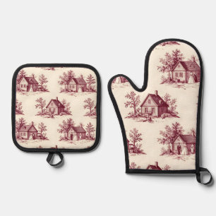Vintage Burgundy Toile Village Pattern Oven Mitt & Pot Holder Set
