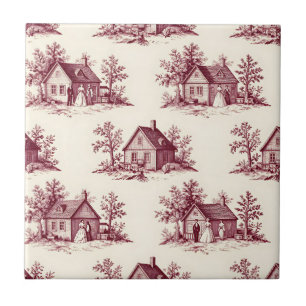 Vintage Burgundy Toile Village Pattern Tile