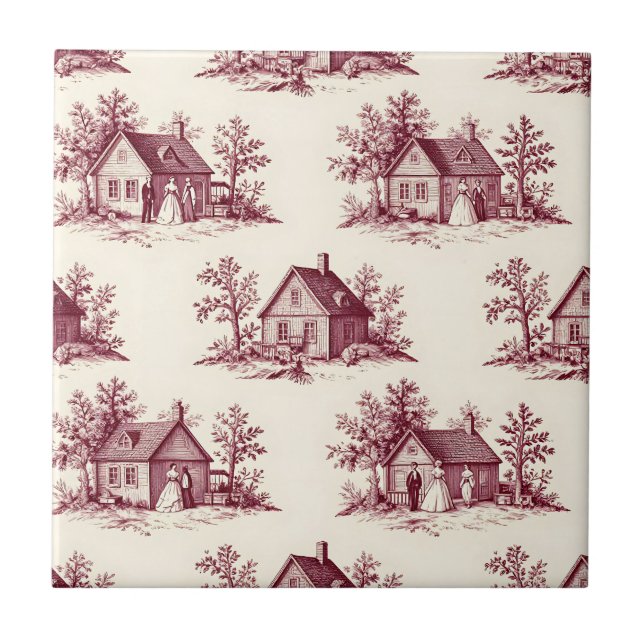 Vintage Burgundy Toile Village Pattern Tile (Front)