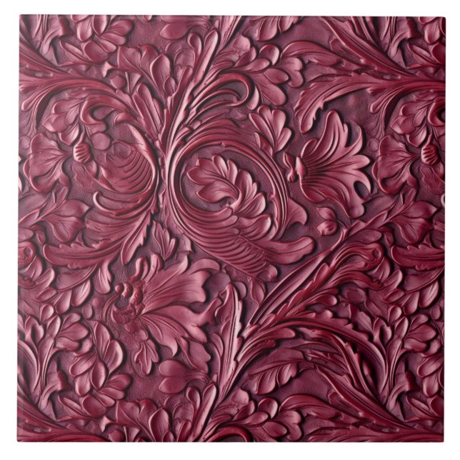 Vintage burgundy tooled leather tile (Front)