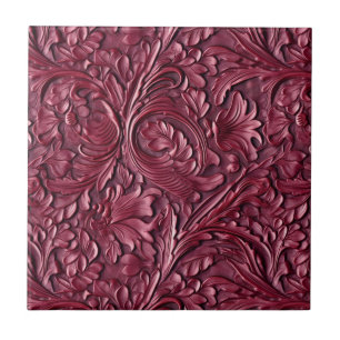 Vintage burgundy tooled leather tile