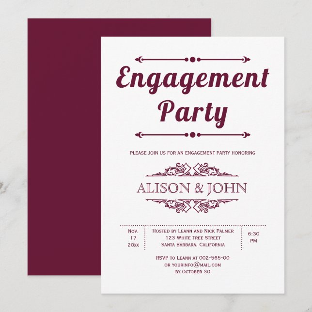 Vintage burgundy typography engagement party invitation (Front/Back)