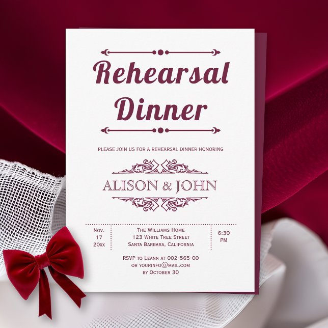Vintage burgundy typography rehearsal dinner invitation (Creator Uploaded)