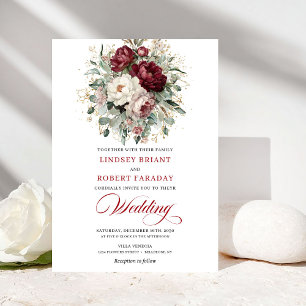 Vintage Burgundy White Floral Wedding Invitation