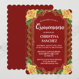 Vintage Burgundy Yellow Rose Quinceanera Birthday Invitation