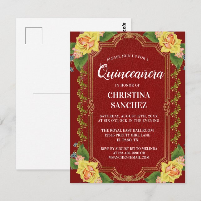 Vintage Burgundy Yellow Rose Quinceanera Birthday  Postcard (Front/Back)