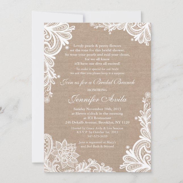 Vintage Burlap and Lace Bridal Shower Invitation (Front)