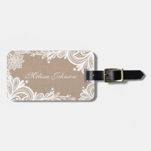 Vintage Burlap and Lace Luggage Tag (Front Horizontal)