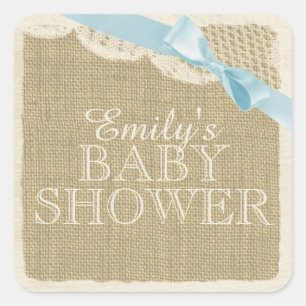 Vintage Burlap and Lace with Blue Bow Square Sticker