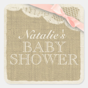 Vintage Burlap and Lace with Pink Bow Square Sticker