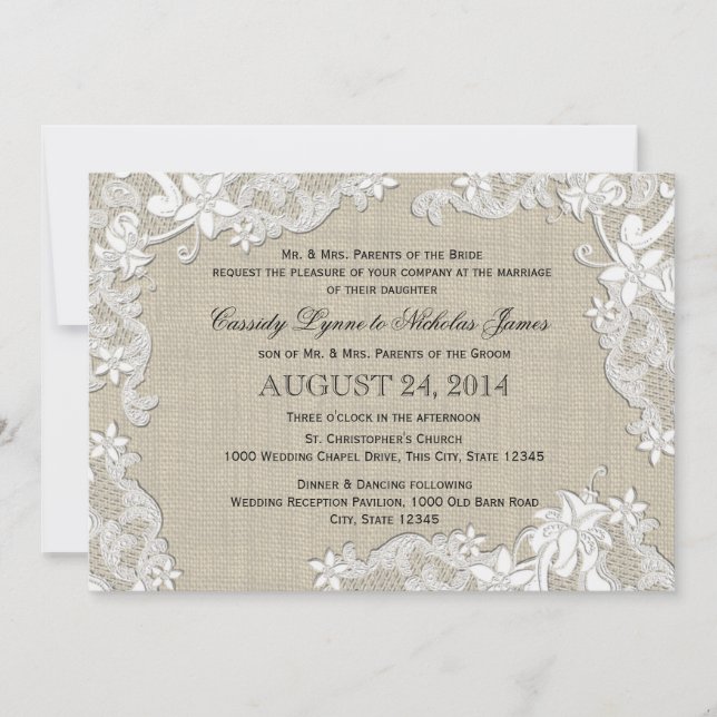Vintage Burlap and White Lace Wedding Invitation (Front)