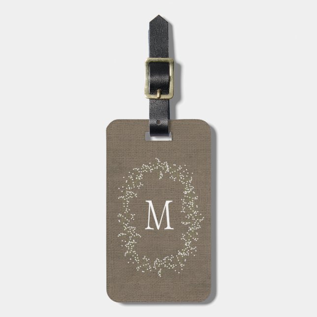 Vintage Burlap Floral Monogram Luggage Tag (Front Vertical)