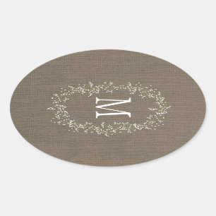 Vintage Burlap Floral Monogram Oval Sticker