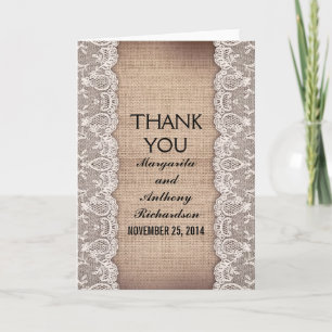 vintage burlap & ivory lace rustic thank you card