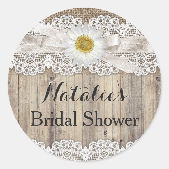 Vintage Burlap Lace & Daisy Bridal Shower Sticker (Front)