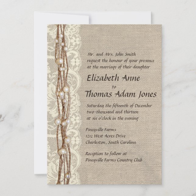 Vintage Burlap Lace Pearls Wedding Invitation (Front)