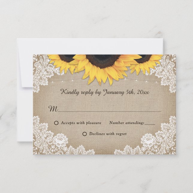 Vintage Burlap Lace Sunflower Wedding RSVP Cards (Front)