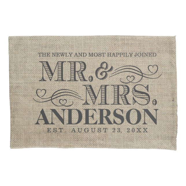 Vintage Burlap Mr & Mrs Rustic Wedding Couples Pillowcase (Front)