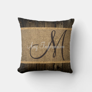 Vintage Burlap Rustic Wood Look Monogram Cushion