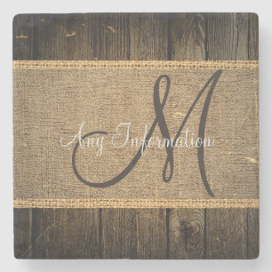 Vintage Burlap Rustic Wood Look Monogram Stone Coaster