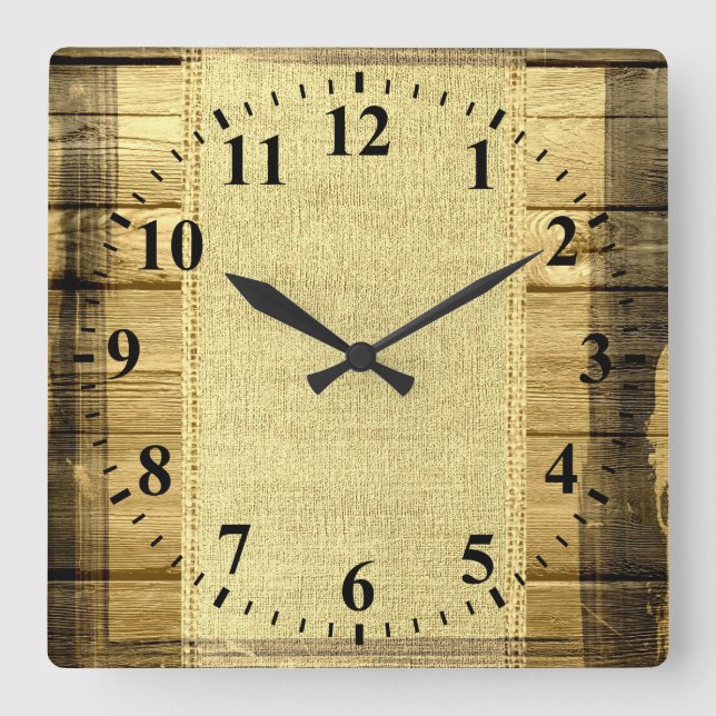 Vintage Burlap Rustic Wood Look Square Wall Clock (Front)