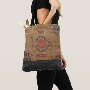 Vintage Burlap Sack and Leather - Tote Bag