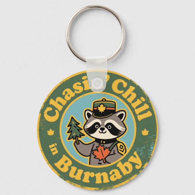 Vintage Burnaby BC Racoon Chill Key Ring (Front)