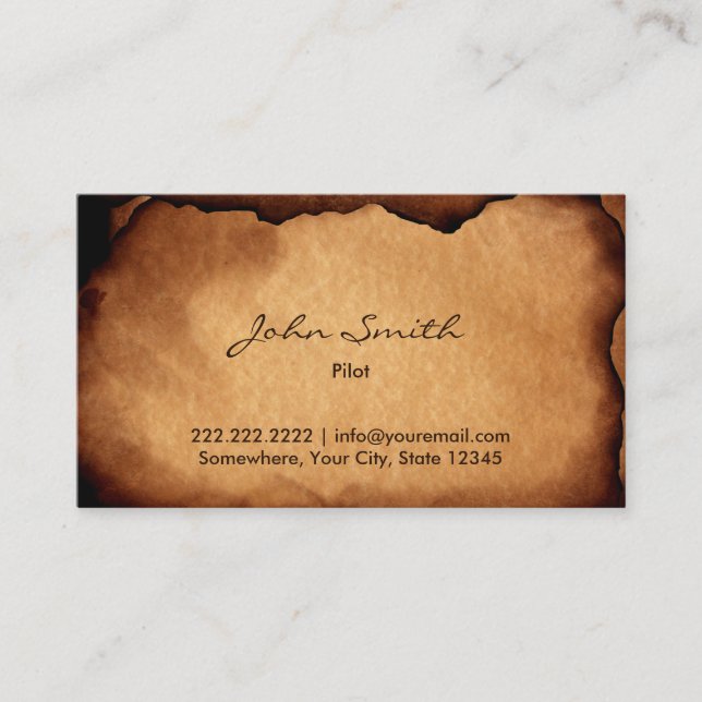 Vintage Burned Paper Pilot Aviator Business Card (Front)