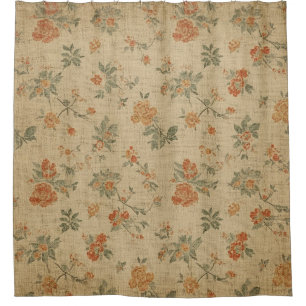 Vintage Burnt Orange and Sage Green Floral Shower Curtain