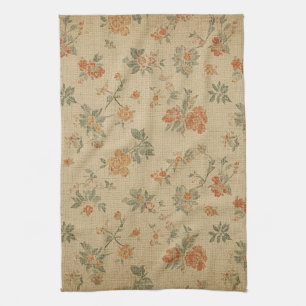 Vintage Burnt Orange and Sage Green Floral Tea Towel