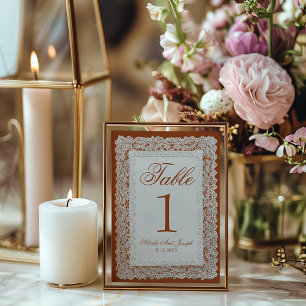 Vintage Burnt Orange Lace Wedding Table Number