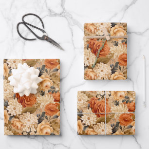 Vintage burnt orange tan beige flowers wrapping paper sheet