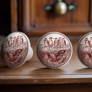 Vintage Burnt Sienna Birds and Fish De Morgan Ceramic Knob