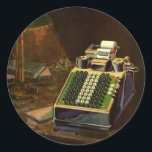 Vintage Business Comptometer Accounting Calculator Classic Round Sticker<br><div class="desc">Vintage illustration business finance design featuring a comptometer. An old fashioned accounting machine or antique adding machine in an accountant's office on a desk. Includes a paper ribbon to keep track of the math calculations.</div>