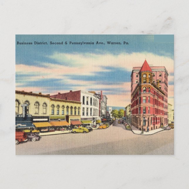 Vintage Business District, Warren Pennsylvania Postcard (Front)